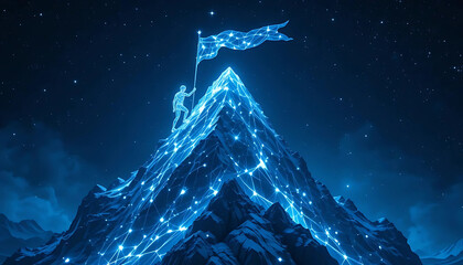  Ascent to Digital Peak: Climber Planting Glowing Flag on Networked Mountain, Ideal for Achievement, Technology, and Connectivity Concepts