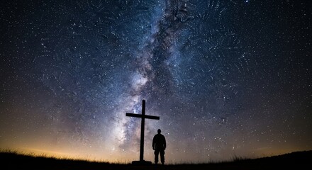 Night Sky Cross Silhouette - Silhouette of a person standing before a cross under a breathtaking night sky filled with stars and the Milky Way