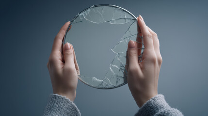 Person holds broken round mirror reflecting sensitive content with sense of fragility