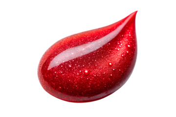 A single glossy red glitter drop with sparkling particles, isolated on a transparent background