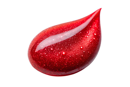 A single glossy red glitter drop with sparkling particles, isolated on a transparent background