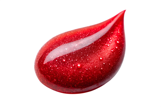 A single glossy red glitter drop with sparkling particles, isolated on a transparent background - Powered by Adobe