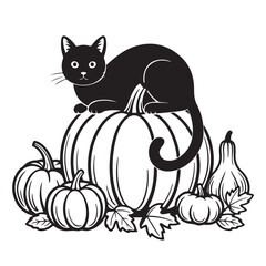 Black Cat Sitting on Pumpkins with Autumn Leaves vector