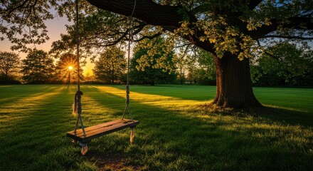 Empty swing under a large tree at sunset over a grassy field