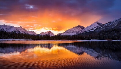 Fototapeta premium vivid sunset reflected on a calm lake with snow covered mountains under dramatic lighting in winter