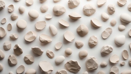 Collection of various white and beige stones of different shapes and sizes on a light background.