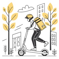 Flat Vector of Delivery Person Riding Electric Scooter Through Urban Streets with Parcel | Minimal City Scene
