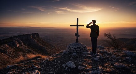Sunset Salute at the Cross - A soldier silhouetted against a vibrant sunset, saluting a cross atop a mountain. Symbols of remembrance, sacrifice, peace, faith, and duty