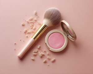 Soft airy flat lay featuring makeup brush and blush compact on pastel pink smooth backdrop, creating serene and inviting atmosphere for beauty enthusiasts