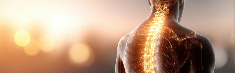 Back view of a human spine with glowing nerves against a soft light background highlighting anatomy and health