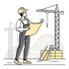 Vector Illustration of Male Construction Worker with Blueprint on Building Site | Flat Industry Scene with Cranes & Tools