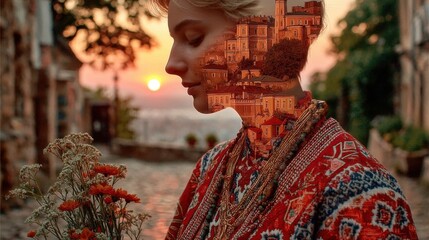 A double exposure portrait of a woman adorned in traditional attire, with a cityscape integrated into her silhouette, set against a sunset backdrop.