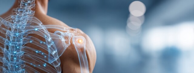 Man showing detailed skeletal structure of shoulder joint in medical setting highlighting anatomy and injury awareness