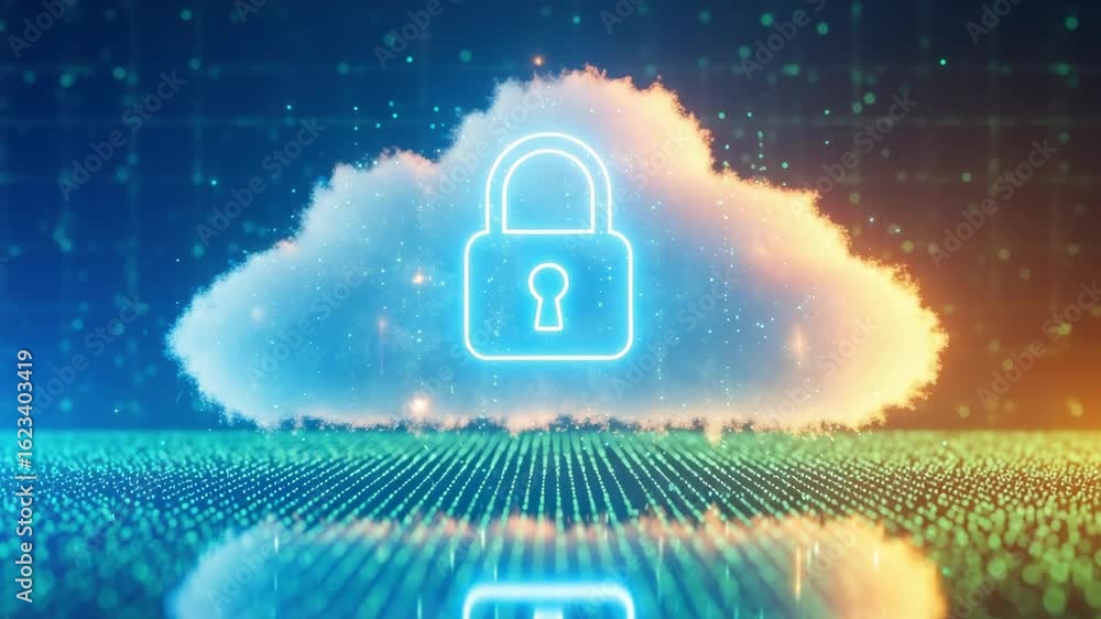 Poster a glowing cloud with a padlock symbolizing digital security and data protection set against a vibran
