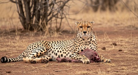 Fototapeta premium Majestic Cheetah Resting After Successful Hunt in African Savanna