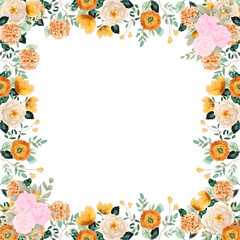 Watercolor Floral Border:  Romantic Peach, Yellow, and White Flowers on Black Background.