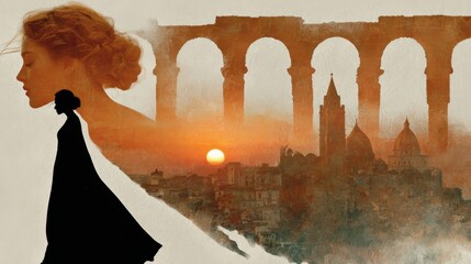 A silhouette of a woman against a dreamy sunset backdrop featuring architectural elements and cityscape.