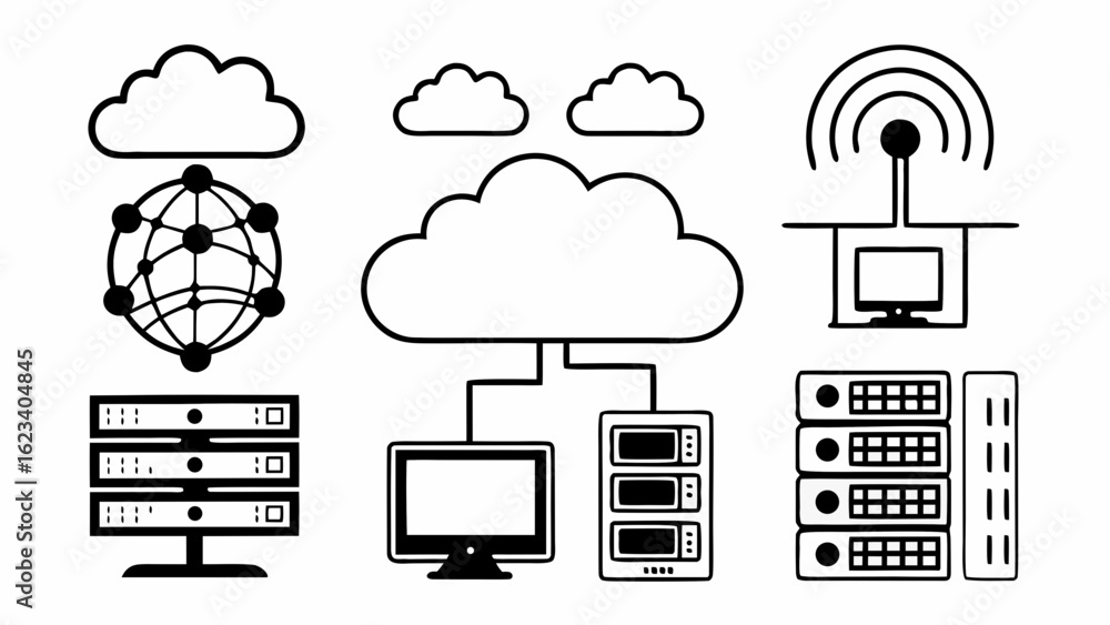 Poster illustration of cloud computing network architecture with servers and computer connected to the clou
