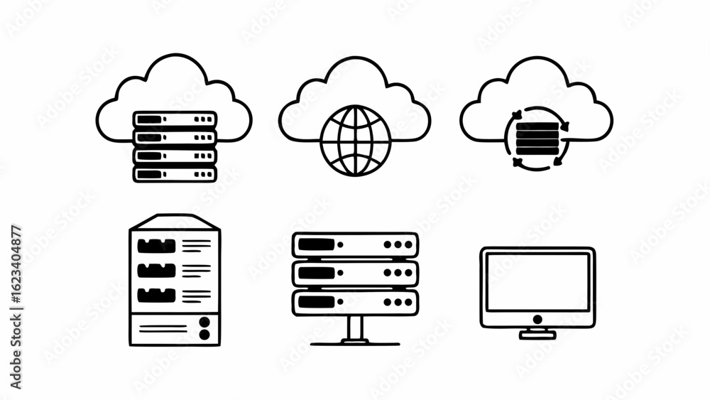 Poster illustration of cloud computing network servers and a desktop monitor in black and white design styl