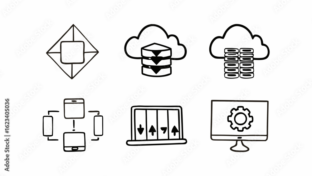 Poster doodle style icons depicting cloud storage, data flow, and device connectivity in a simple design cr