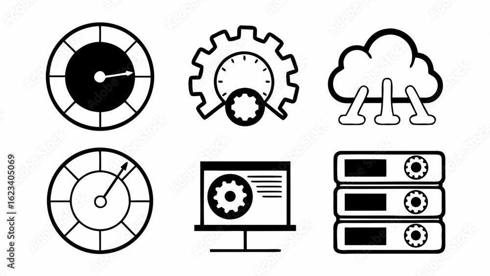Poster illustration showing gauges, gears, cloud computing, a computer screen and servers in a line drawing