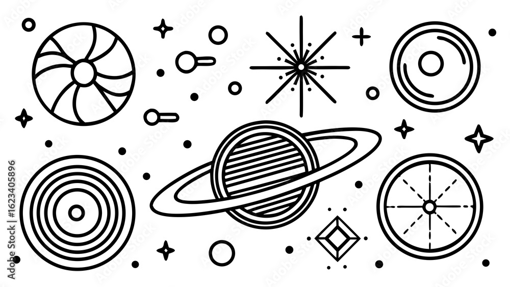 Poster a collection of celestial bodies and space elements in simple black and white outline drawing style 