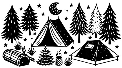 Black and white camping scene with tents, trees, moon and stars in a forest setting at night time created with generated ai
