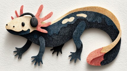 An artistic representation of a salamander wearing headphones, featuring vibrant colors and intricate detailing.