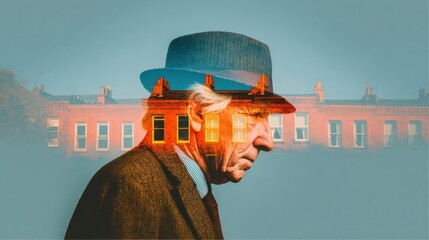 An elderly man wearing a hat, with a double exposure of brick buildings behind him.