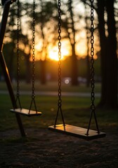Serene park scene at sunset with a pair of empty swings, bathed in soft, ethereal golden light
