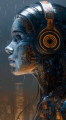 Fototapeta premium Futuristic AI Female Portrait with Cybernetic Details and Glowing Circuits, Close-Up of Robotic Face