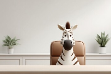 Cartoon zebra sitting at a desk in a minimalist office setting.