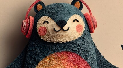 Cheerful bear character with headphones, featuring colorful, textured fur.