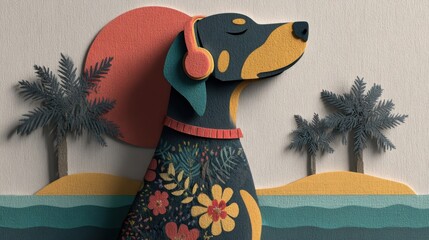 Colorful 3D illustration of a dog wearing headphones, surrounded by tropical elements.