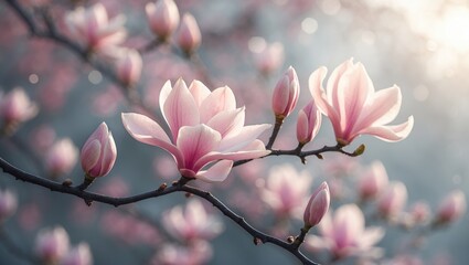 Magnolia flowers blooming on a branch with soft sunlight and blurred background. Springtime and floral beauty. Nature and blossoms. The concept of renewal and natural elegance