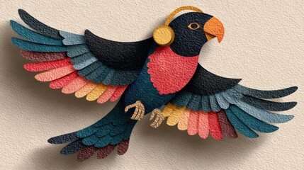 Colorful paper-cut style bird with headphones, flying against a textured background.