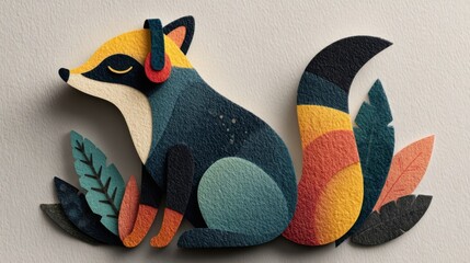 Colorful paper-cut style fox sitting among leaves, showcasing textures and vibrant colors.
