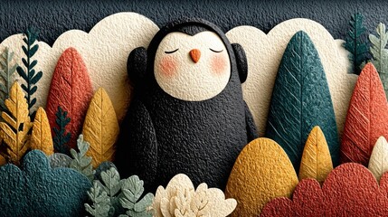 Cute penguin character surrounded by colorful leaves in a textured landscape.
