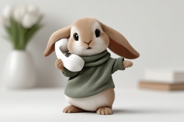 Cute rabbit wearing a green sweater, holding a telephone, with a blurred background.