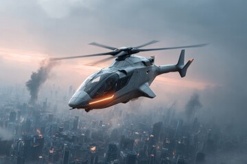 Modern helicopter flying over a cityscape with dramatic clouds and smoke.