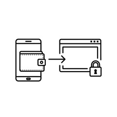 Vector illustration of mobile wallet transferring data to a secure site  