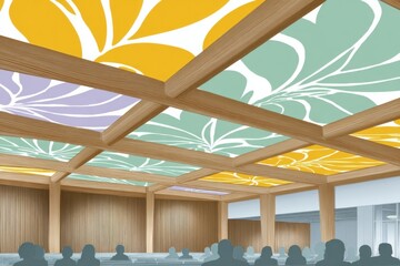 Modern interior with a patterned ceiling, wooden beams, and silhouettes of people below.