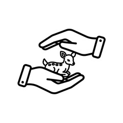 Hands protecting a small fawn against a white background  