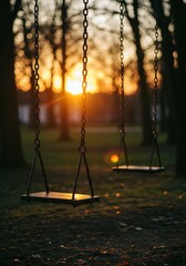 Golden hour light illuminates a quiet, empty park with swings, evoking feelings of nostalgia and peace