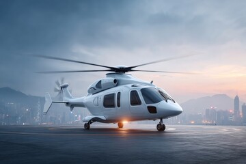 Modern white helicopter on a helipad with a cityscape in the background at dusk.