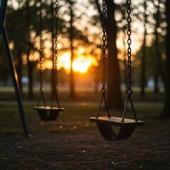 Empty swings silhouetted by the golden glow of a peaceful, nostalgic sunset in a park