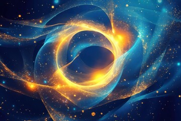 Abstract blue and golden background with glowing circles and wavy lines