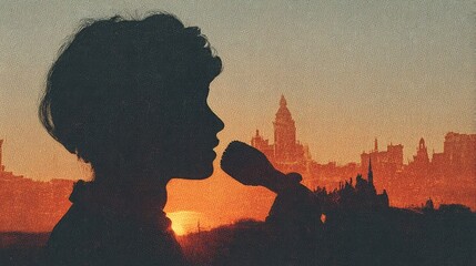 Silhouette of a singer with a city skyline at sunset in the background.