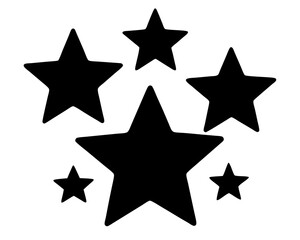 Black star design with five different sizes scattered randomly on white backdrop