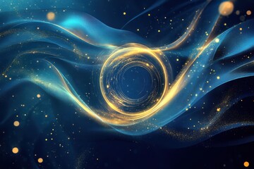 Abstract blue and golden background with glowing circle and wavy lines
